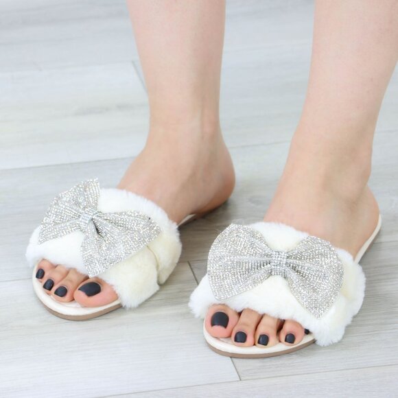 Beige Plush Glitter Bow Tie Fuzzy Flat Sandals Sliders - Picture 2 of 15